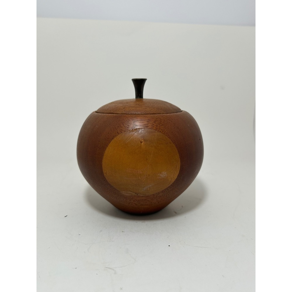 Vintage MCM Hand Turned Mixed Wood Inlay Apple Jar with Lid Brown Striped
